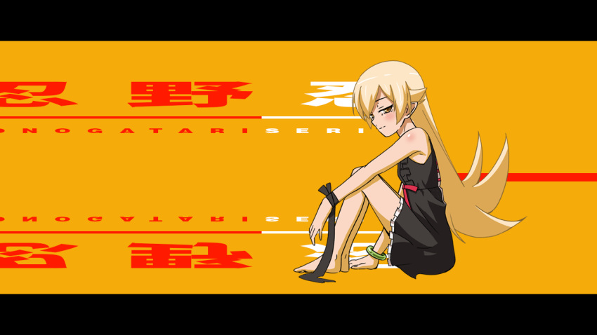 1girl arm_at_side bare_arms bare_legs barefoot black_border black_dress black_ribbon blonde_hair border bracelet breasts center_frills closed_mouth copyright_name dress dress_ribbon english_text flipped_hair frills from_side full_body hair_between_eyes hair_flaps hand_on_floor jewelry knees_up legs_together letterboxed light_blush long_hair looking_at_viewer monogatari_(series) narrowed_eyes orange_background oshino_shinobu petticoat pointy_ears red_ribbon ribbon shoulder_blush sleeveless sleeveless_dress small_breasts smile solo sonikkusupin sundress very_long_hair wrist_ribbon yellow_eyes
