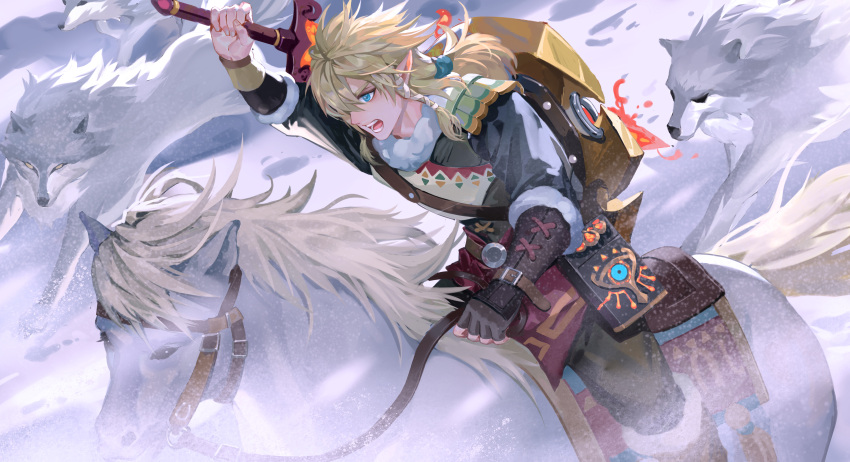 absurdres blue_eyes fighting flaming_sword flaming_weapon highres horse horseback_riding light_brown_hair medium_hair open_mouth riding ruoruoqiuu short_ponytail snow sword sword_on_back the_legend_of_zelda the_legend_of_zelda:_breath_of_the_wild weapon weapon_on_back wolf