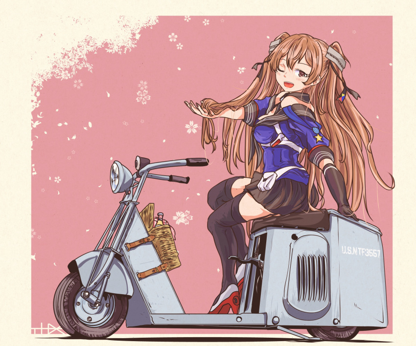 1girl basket black_gloves black_sailor_collar black_skirt black_thighhighs blue_shirt breasts brown_eyes commentary_request garter_straps gloves highres johnston_(kancolle) kantai_collection light_brown_hair long_hair looking_at_viewer medium_breasts moped motor_vehicle off_shoulder pleated_skirt riding sailor_collar school_uniform serafuku shirt single_glove skirt smile solo thigh-highs thrux two_side_up united_states_medal_of_honor