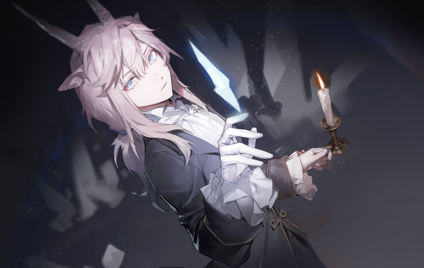 1girl alternate_costume animal_ears arknights ascot blue_eyes candle candlestand commentary earthspirit_(arknights) english_commentary formal gloves goat_ears goat_girl goat_horns happy_birthday highres holding holding_candle horns hug_(yourhug) solo suit white_gloves