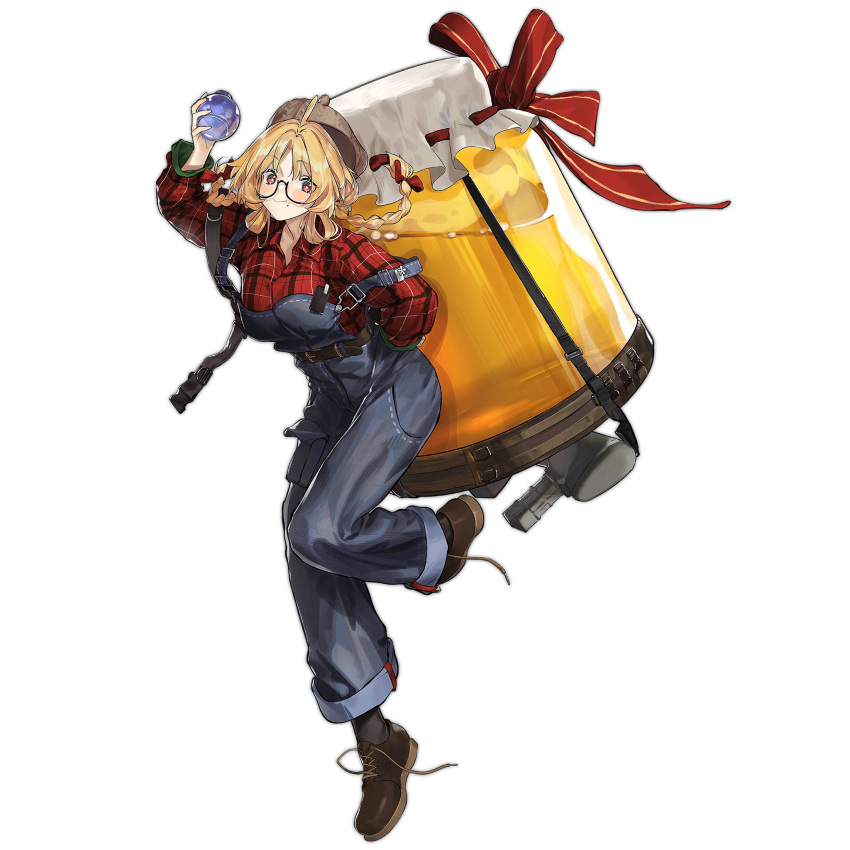 1girl ahoge assault_rifle belt black-framed_eyewear black_socks blonde_hair blue_overalls blush bow braid breasts brown_belt brown_footwear bullpup closed_mouth food food_on_face full_body girls_frontline gun hair_bow hair_rings hand_on_own_hip highres holding holding_jar honey jar knit_hat large_breasts leaning_forward long_hair long_sleeves looking_at_viewer nishiro_ryoujin official_alternate_costume official_art overalls oversized_object plaid plaid_shirt red_bow red_eyes red_ribbon red_shirt ribbon rifle s-acr_(girls'_frontline) s-acr_(make_a_sweet_wish)_(girls'_frontline) semi-rimless_eyewear shirt shoes simple_background smile socks solo standing standing_on_one_leg steyr_acr transparent_background twin_braids under-rim_eyewear untied_footwear weapon