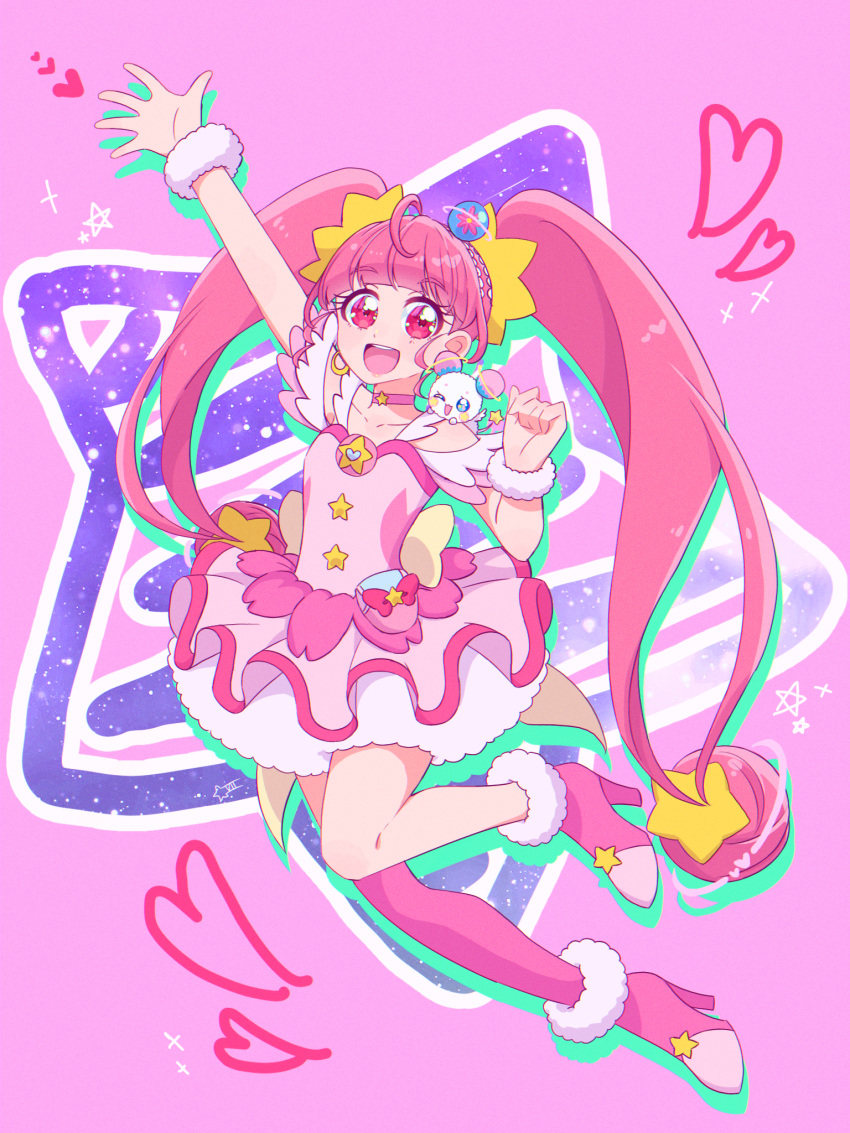 1girl :d arm_up choker cure_star dress full_body fuwa_(precure) hair_ornament heart highres hoshina_hikaru long_hair looking_at_viewer magical_girl open_mouth pink_choker pink_dress pink_eyes pink_footwear pink_hair pink_thighhighs planet_hair_ornament precure single_thighhigh smile solo star_(symbol) star_choker star_hair_ornament star_twinkle_precure thigh-highs twintails usiusi_nanas very_long_hair