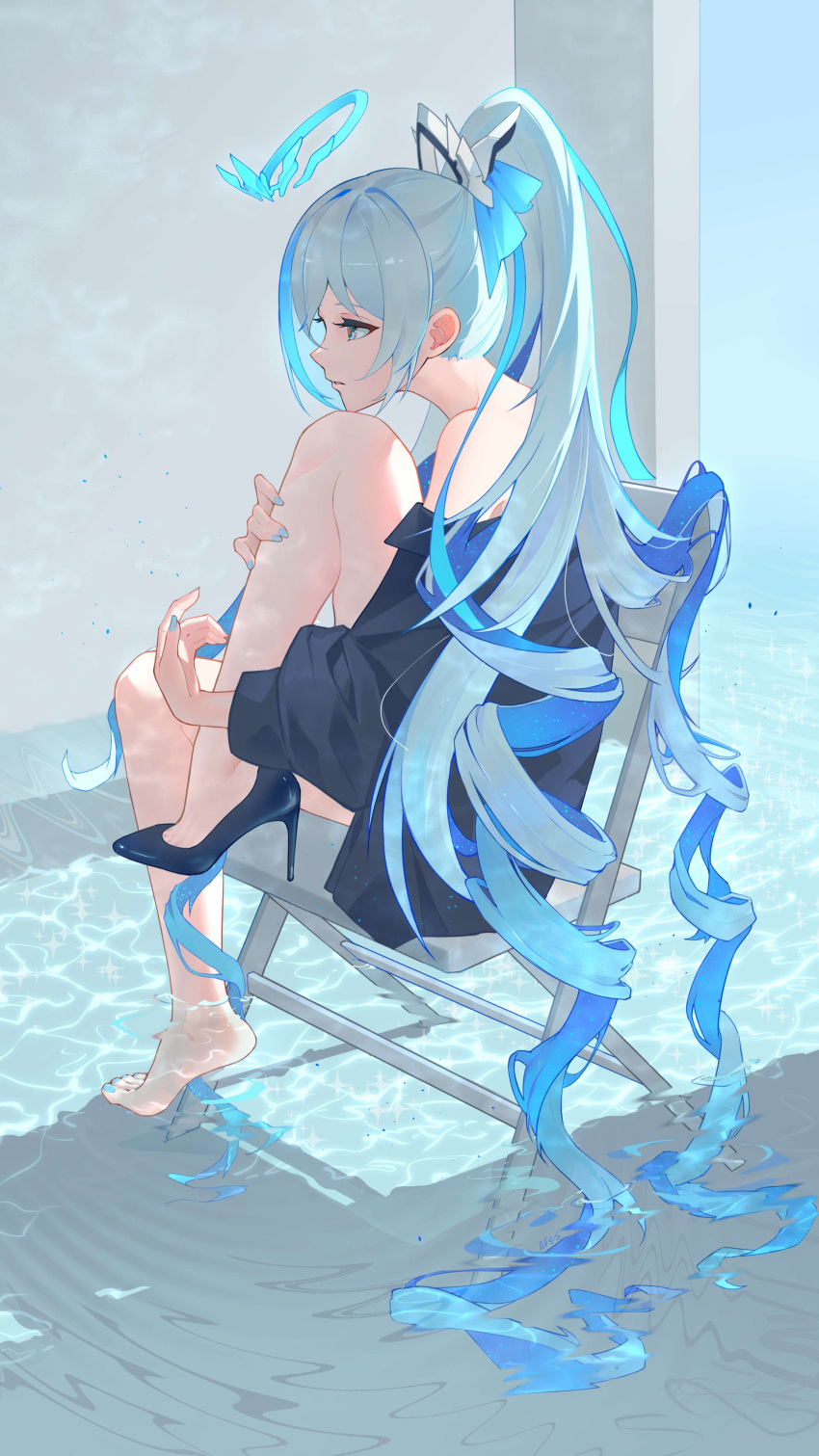 1girl absurdres ai_dongdong alternate_costume bare_legs bare_shoulders barefoot black_footwear black_sleeves blue_halo bronya_zaychik bronya_zaychik_(herrscher_of_truth) chair drill_hair english_commentary grey_hair hand_on_own_leg high_heels high_ponytail highres honkai_(series) honkai_impact_3rd long_hair mixed-language_commentary multicolored_hair nail_polish parted_lips sitting solo streaked_hair toenails toes very_long_hair water white_eyes