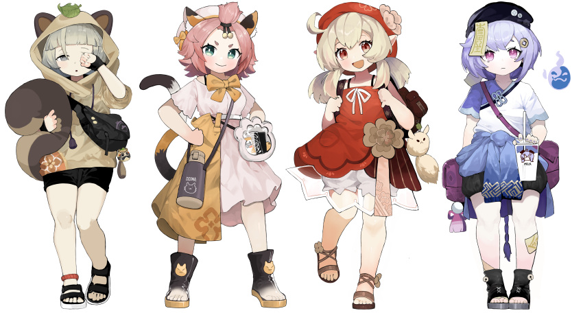 4girls :o absurdres alternate_costume animal_ear_fluff animal_ears anklet backpack bag bell beret black_headwear black_shorts bloomers blunt_bangs blush boots bow bowtie brown_hair brown_hoodie cat_ears cat_girl cat_tail chinese_clothes chinese_commentary closed_mouth clothes_around_waist commentary_request cup diona_(genshin_impact) disposable_cup dodoco_(genshin_impact) dress ears_through_headwear fingerless_gloves full_body genshin_impact gloves green_eyes grey_eyes grey_hair hair_between_eyes hair_ornament hands_on_own_hips hat highres holding holding_cup holding_own_tail hood hood_up hoodie jewelry jingle_bell klee_(genshin_impact) layered_dress leaf leaf_on_head long_hair looking_at_viewer low_ponytail low_twintails menthako multiple_girls neck_ribbon ofuda open_mouth pink_dress pink_eyes pink_hair pointing purple_hair qiqi_(genshin_impact) raccoon_ears raccoon_girl raccoon_tail red_eyes red_headwear ribbon rubbing_eyes sandals sayu_(genshin_impact) see-through shirt short_hair short_sleeves shorts shoulder_bag sidelocks simple_background sleeveless smile standing strapless strapless_dress tail thermos thick_eyebrows toeless_footwear toes topknot twintails underwear weibo_logo weibo_username white_background