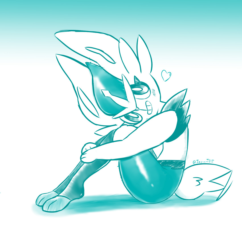 1girl animal_ears animal_feet animal_hands animal_nose artist_name blue_theme blush body_fur cinderace commentary english_commentary from_side furry furry_female gradient_background grin happy head_tilt heart highres hugging_own_legs j.jama knees_up leaning_forward light_blush looking_at_viewer monochrome motion_lines own_hands_together pokemon pokemon_(creature) rabbit_ears rabbit_girl rabbit_tail shiny_skin short_hair short_tail signature simple_background smile solo tail tail_wagging teeth thighs twitter_username white_background