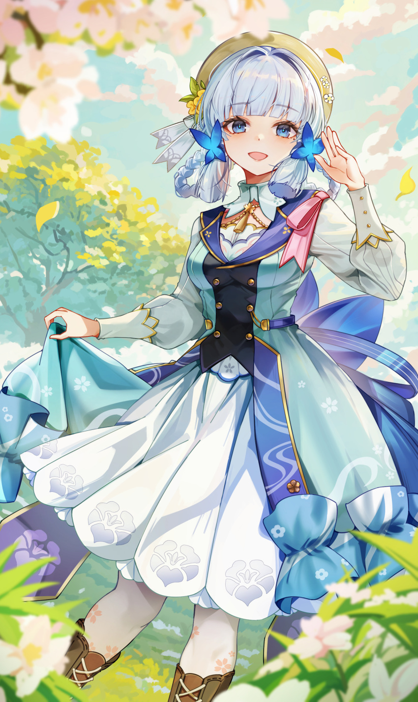 1girl absurdres blue_dress blue_eyes blue_hair blunt_bangs blunt_tresses blurry blush brown_headwear butterfly_hair_ornament chen_ying_(alan-yut) clothes_lift collar depth_of_field dress dress_lift genshin_impact hair_ornament hat_leaf highres kamisato_ayaka kamisato_ayaka_(springbloom_missive) light_blue_hair long_sleeves looking_at_viewer mole mole_under_eye multicolored_clothes multicolored_dress neck_tassel official_alternate_costume official_alternate_hairstyle outdoors pantyhose puffy_long_sleeves puffy_sleeves tree white_collar white_pantyhose