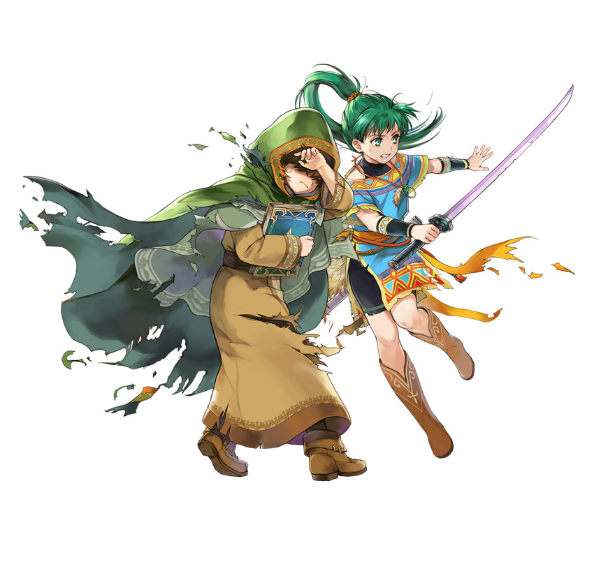 1boy 1girl aged_down book brown_footwear cloak covering_face damaged fire fire_emblem fire_emblem:_the_blazing_blade fire_emblem_heroes green_eyes green_hair green_hood holding holding_book holding_sword holding_weapon hood hooded_cloak jewelry long_hair lyn_(fire_emblem) mark_(fire_emblem:_the_blazing_blade) necklace no_eyes pelvic_curtain ponytail sword torn_cloak torn_clothes weapon white_background