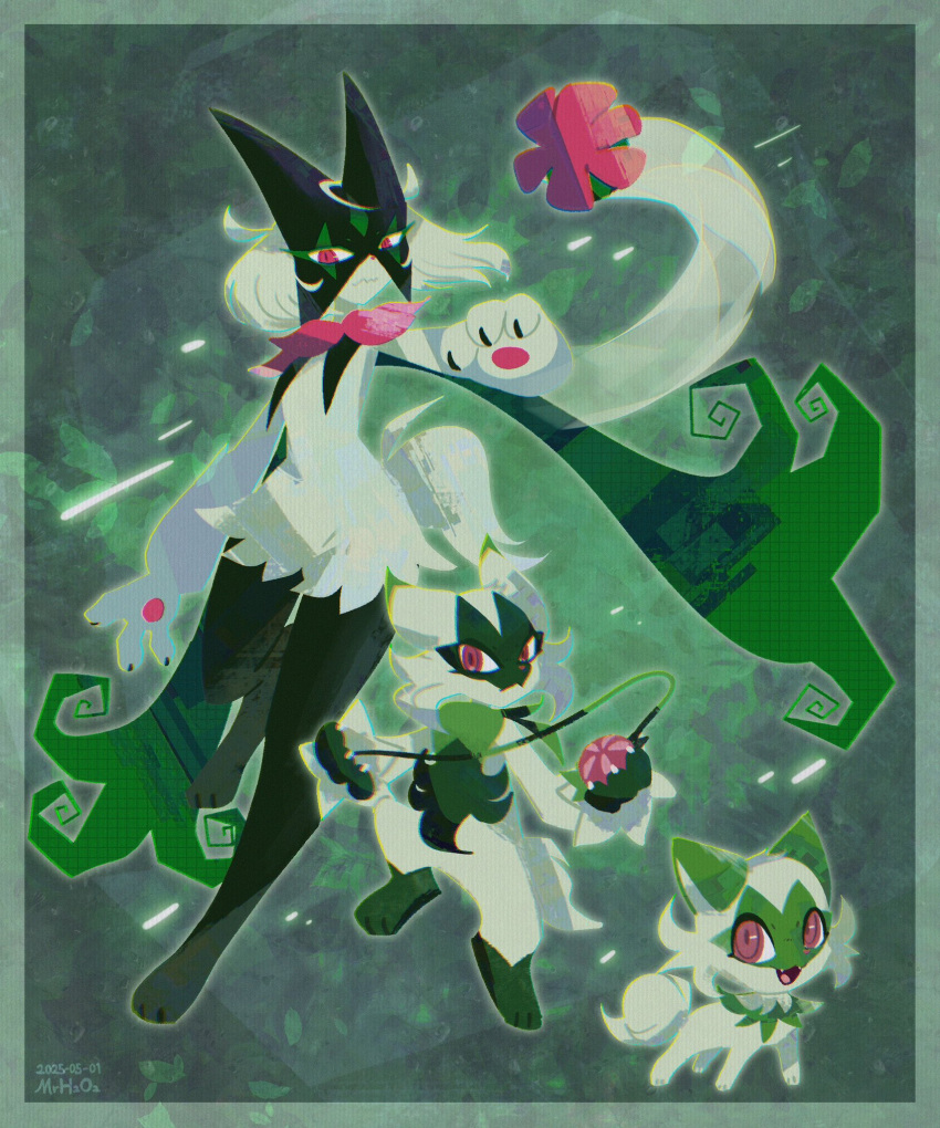 2others animal_hands black_fur body_fur border cat claws evolutionary_line fangs floragato full_body furry green_background green_border green_fur green_hair half-closed_eyes highres looking_at_viewer meowscarada mr_h202 multiple_others open_mouth pawpads pink_eyes pokemon pokemon_(creature) short_hair short_tail simple_background sprigatito standing tail two-tone_fur yo-yo