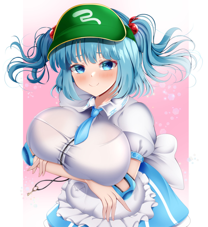 1girl absurdres arms_under_breasts blue_eyes blue_hair blush breasts closed_mouth crossed_arms green_headwear hair_bobbles hair_ornament hat highres huge_breasts kawashiro_nitori key looking_at_viewer mountain_of_faith musi_tino short_hair smile solo standing touhou twintails two_side_up visor_cap