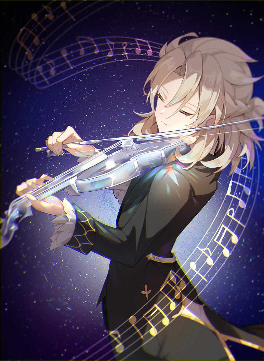 1boy absurdres albedo_(genshin_impact) autumnlll black_jacket black_sky blue_sky braid closed_eyes closed_mouth french_braid frills genshin_impact gradient_sky hair_between_eyes hands_up highres holding holding_instrument instrument jacket light light_brown_hair long_sleeves male_focus music musical_note night night_sky open_clothes open_jacket playing_instrument purple_sky short_hair sky solo space standing star_(sky) starry_sky violin
