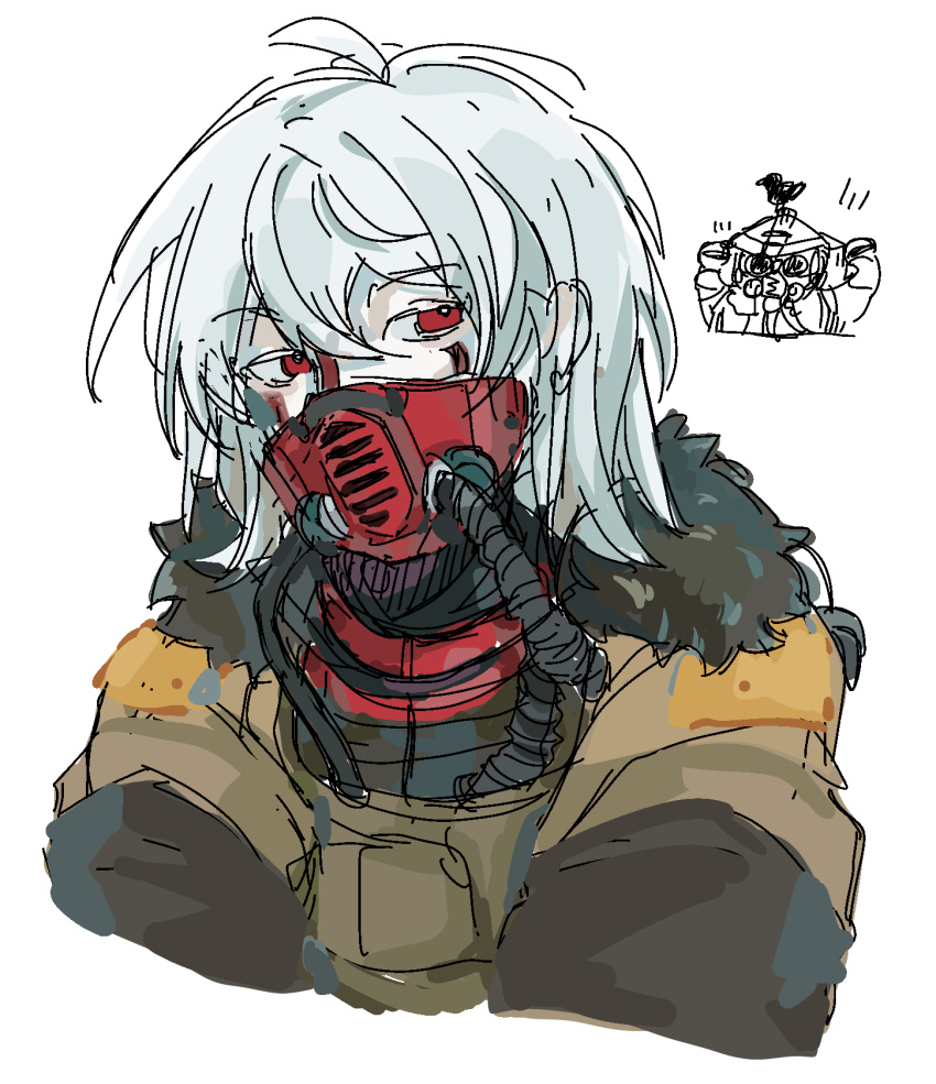 1other androgynous animal_on_head animification apex_legends bird bird_on_head bloodhound_(apex_legends) brown_jacket cable chibi chibi_inset clenched_hands facepaint fur-trimmed_jacket fur_trim goggles grey_hair highres jacket kzk_wanko medium_hair on_head portrait rebreather red_eyes sketch solo_focus white_background