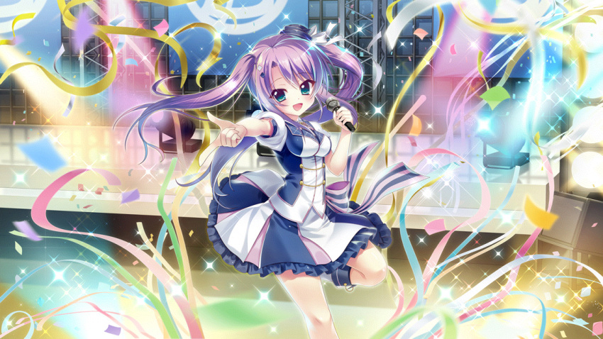 1girl blue_dress blue_eyes blue_footwear blue_headwear blue_skirt bow breasts colored_lights concert confetti dress film_grain frilled_skirt frills game_cg hair_bow hat holding holding_microphone idol idol_clothes izumi_tsubasu long_hair medium_breasts microphone mini_hat multicolored_clothes multicolored_dress multicolored_skirt non-web_source official_art open_mouth pointing purple_hair purple_skirt purple_stripes re:stage! short_dress short_sleeves skirt smile solo sparkle stage stage_lights standing standing_on_one_leg streamers striped striped_bow tilted_headwear tsukisaka_sayu twintails waist_bow white_bow white_dress white_skirt