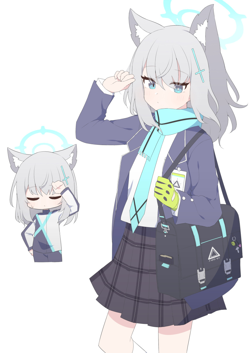 1girl absurdres animal_ears arms_up bag blue_archive blue_eyes blue_jacket blue_necktie blue_scarf checkered_clothes checkered_skirt closed_eyes gloves green_gloves grey_hair grey_skirt hagoonha heterochromia highres jacket looking_at_viewer name_tag necktie scarf school_bag shiroko_(blue_archive) shiroko_(cycling)_(blue_archive) shirt simple_background skirt socks thighs white_background white_shirt white_socks wolf_ears