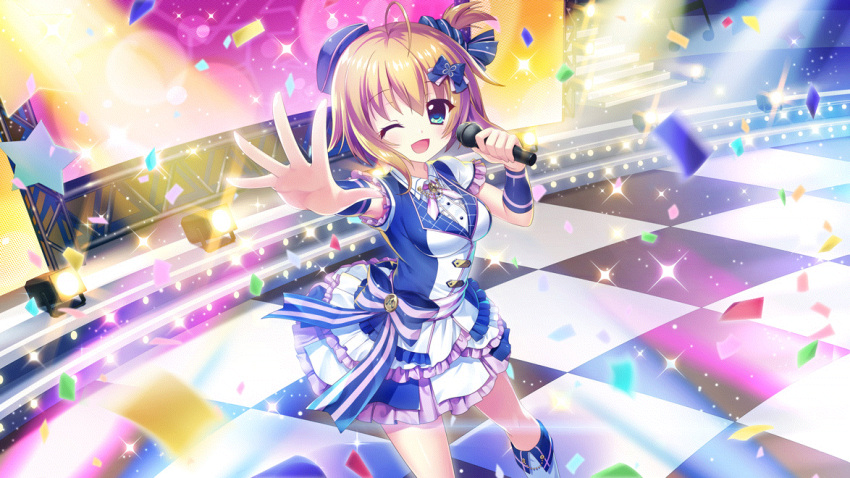 1girl ahoge beret blue_bow blue_dress blue_eyes blue_headwear blue_scrunchie blue_skirt blue_wristband bow breasts brooch brown_hair buttons checkered_floor concert confetti dress film_grain frilled_dress frills from_above game_cg hair_ornament hairclip hat holding holding_microphone idol idol_clothes izumi_tsubasu jewelry layered_skirt medium_breasts microphone mini_hat multicolored_clothes multicolored_dress musical_note non-web_source official_art one_eye_closed one_side_up open_mouth purple_stripes purple_trim re:stage! reaching_towards_viewer ribbon scrunchie short_dress short_hair short_sleeves skirt smile solo sparkle stage_lights stairs star_(symbol) striped striped_ribbon tile_floor tiles tilted_headwear waist_bow white_dress white_skirt