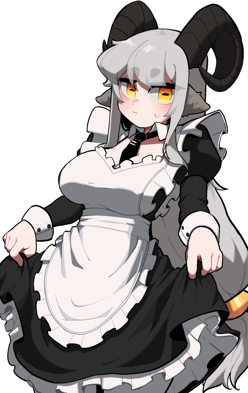 1girl absurdres apron breasts closed_mouth clothes_lift dress dress_lift goat_girl goat_horns grey_hair highres horizontal_pupils horns large_breasts lifted_by_self long_hair long_sleeves looking_at_viewer maid maid_apron min_lona necktie original pointy_ears solo yellow_eyes