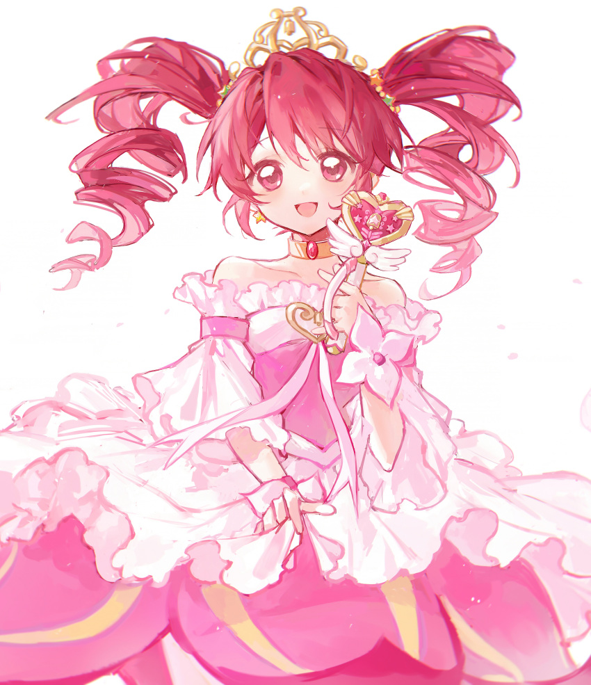 1girl absurdres bare_shoulders commentary crown dorannnn dress drill_hair earrings fine_(futagohime) fushigiboshi_no_futago_hime highres holding holding_wand jewelry long_hair looking_at_viewer magical_girl pink_dress pink_eyes pink_hair simple_background smile solo symbol-only_commentary twin_drills twintails wand white_background