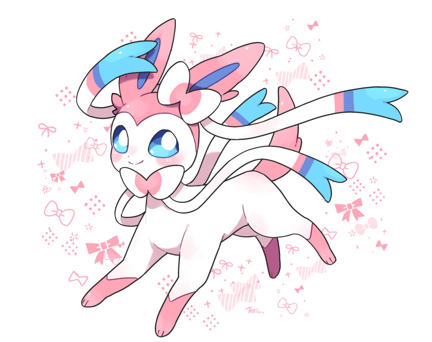 absurdres artist_name blue_eyes bow bow_print bowtie closed_mouth full_body highres no_humans pastel_colors pokemon pokemon_(creature) signature smile solo sylveon teru_(245_neko) traditional_bowtie