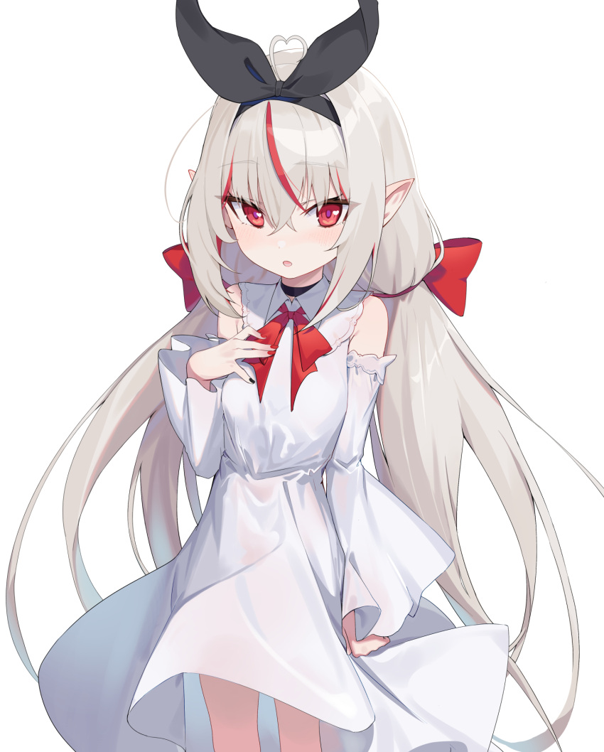 1girl :o ahoge bare_shoulders black_choker black_hairband black_nails black_ribbon bow choker collared_dress commentary_request detached_sleeves dress grey_hair hair_between_eyes hair_bow hair_ribbon hairband hand_up heart heart_ahoge highres long_hair long_sleeves looking_at_viewer multicolored_hair multicolored_nails nail_polish ohihil original parted_lips pointy_ears red_bow red_eyes red_nails redhead ribbon simple_background sleeveless sleeveless_dress sleeves_past_wrists solo streaked_hair twintails very_long_hair white_background white_sleeves wide_sleeves