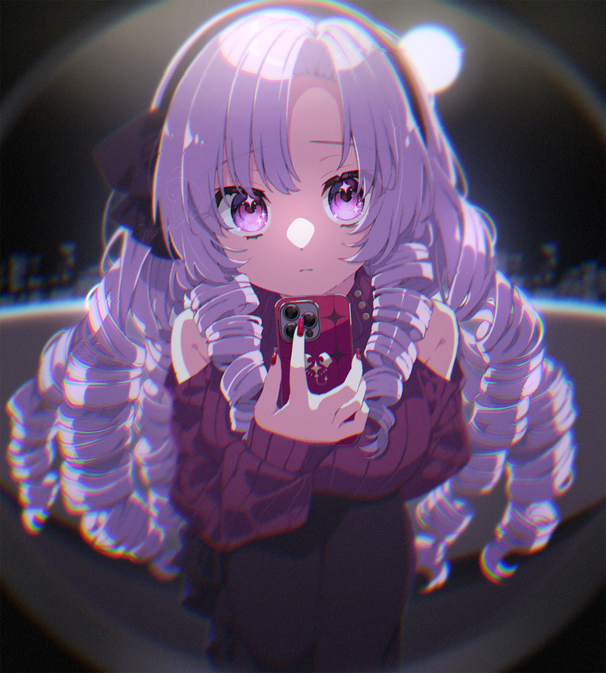 1girl bare_shoulders commentary_request drill_hair expressionless fisheye highres holding holding_phone hyakumantenbara_salome lens_flare long_hair looking_at_viewer mamyouda nijisanji peephole phone pink_hair pov red_nails red_sweater solo sparkling_eyes sweater very_long_hair violet_eyes