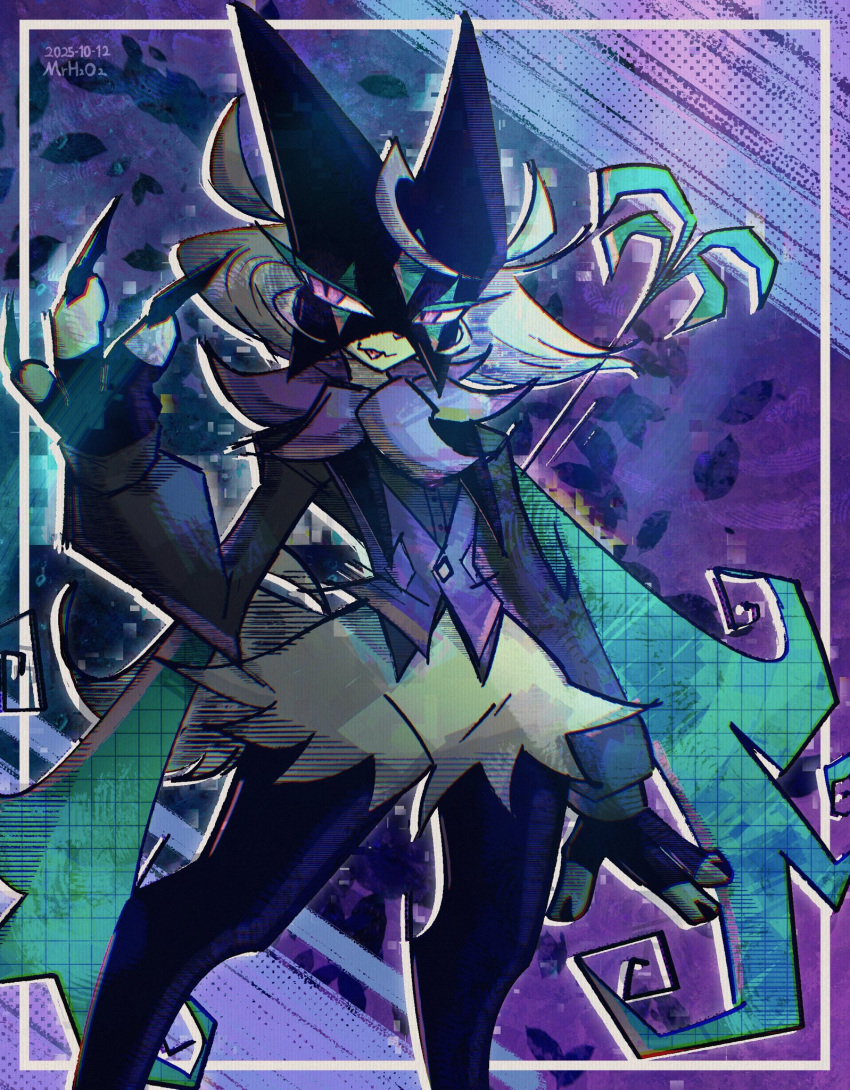 alternate_color animal_hands black_fur black_gloves black_shirt claws clothed_pokemon corset fingerless_gloves furry gloves green_fur green_hair half-closed_eyes highres looking_at_viewer meowscarada mr_h202 open_mouth other_focus pokemon pokemon_(creature) purple_corset shiny_pokemon shirt short_hair short_tail simple_background solo standing tail two-tone_fur upper_body violet_eyes