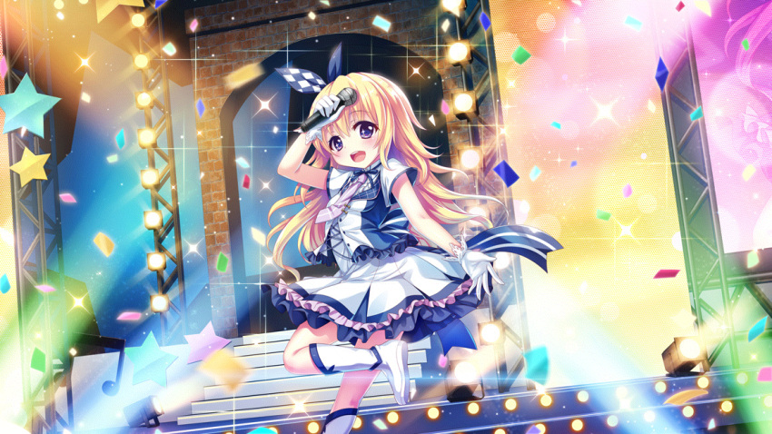 1girl arch arm_up back_bow blonde_hair blue_bow blue_dress boots bow breasts brick buttons checkered_bow checkered_clothes colored_lights concert confetti cross-laced_clothes dress film_grain frilled_dress frilled_skirt frills game_cg gloves hair_bow hasegawa_mii holding holding_microphone idol idol_clothes izumi_tsubasu long_hair microphone musical_note necktie non-web_source official_art open_mouth purple_necktie re:stage! screen short_dress short_sleeves skirt small_breasts smile solo sparkle stage stage_lights stairs standing standing_on_one_leg star_(symbol) striped striped_bow teeth upper_teeth_only violet_eyes white_bow white_dress white_footwear white_gloves white_skirt