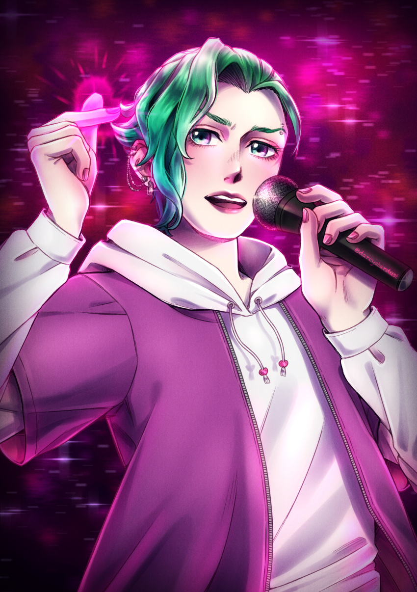 1boy absurdres carole_&amp;_tuesday ear_piercing green_hair highres holding holding_microphone hood hood_down hoodie jacket long_sleeves looking_at_viewer microphone music piercing purple_jacket pyotr_(carole_&amp;_tuesday) red_nails singing snapping_fingers solo upper_body white_hoodie