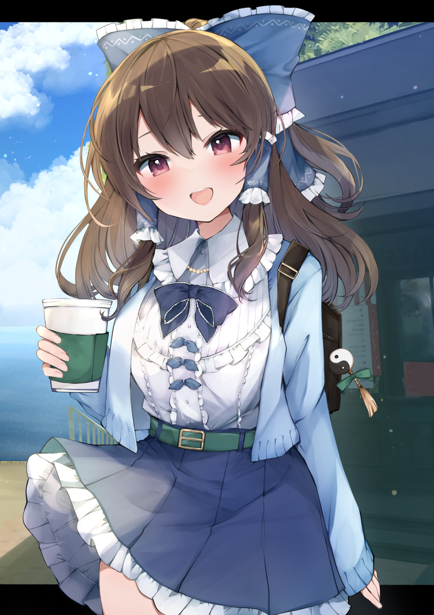 1girl absurdres alternate_costume backpack bag belt blue_bow blue_cardigan blue_skirt blush bow brown_eyes brown_hair cardigan clouds cloudy_sky coffee_cup collared_shirt cowboy_shot cup day disposable_cup frilled_shirt_collar frilled_skirt frills green_belt hair_between_eyes hair_bow hair_tubes hakurei_reimu highres holding holding_cup karasusou_nano long_hair open_cardigan open_clothes open_mouth orb outdoors pleated_skirt shirt sidelocks skirt sky smile solo touhou white_shirt yin_yang yin_yang_orb