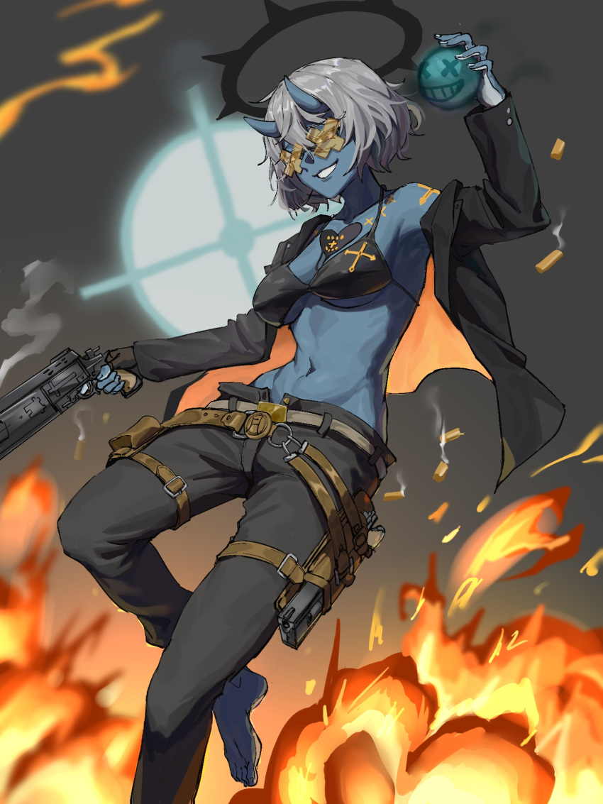 1girl bikini black_bikini black_pants blue_horns blue_skin boogieleo5 breasts chest_tattoo colored_skin compass_rose_halo dark_halo dual_wielding finger_on_trigger fire firing genderswap genderswap_(mtf) grey_hair grin guilty_gear guilty_gear_strive gun halo happy_chaos heart heart_tattoo highres holding holding_gun holding_weapon holster horns long_sleeves looking_at_viewer medium_breasts navel off_shoulder orange-tinted_eyewear pants smile swimsuit tattoo tinted_eyewear too_many_belts weapon x-shaped_eyewear