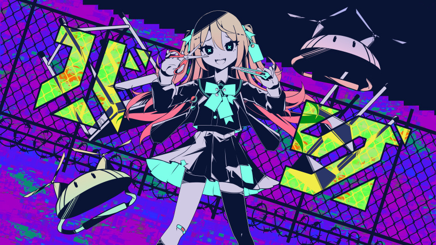 1girl :d absurdres asymmetrical_legwear bandaid bandaid_on_knee bandaid_on_leg barbed_wire boxcutter brown_hair bug_(vocaloid) chain-link_fence chair desk drone evil_smile fence floating floating_hair floating_object frown gradient_hair hair_ribbon hands_up high_contrast highres holding holding_boxcutter holding_scissors indie_virtual_youtuber kneehighs long_hair long_sleeves looking_at_viewer multicolored_hair neon_palette neuro-sama open_mouth pleated_skirt redhead ribbon sailor_collar school_chair school_desk school_uniform scissors serafuku sharp_teeth shok_(shovelkun) single_kneehigh single_sock single_thighhigh skirt smile socks solo swarm_drone_(neuro-sama) symbol-shaped_pupils tag teeth thigh-highs two_side_up uneven_legwear x-shaped_pupils |_|