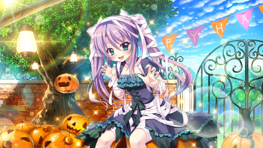 1girl bandages black_bow black_cat blue_dress blue_eyes blue_nails blue_skirt blue_sky bow breasts brick_wall cat clouds corset day dot_nose dress film_grain frilled_dress frilled_skirt frills game_cg gate halloween halloween_costume izumi_tsubasu jack-o'-lantern lantern lens_flare medium_breasts mummy_costume non-web_source official_art open_mouth purple_hair rainbow re:stage! sitting sitting_on_object skirt sky smile solo sparkle teeth tree tsukisaka_sayu twintails upper_teeth_only
