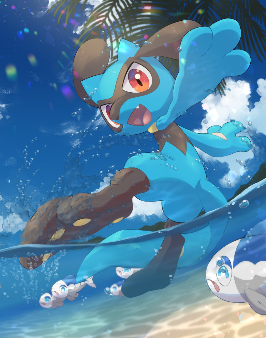 absurdres blue_sky caustics clouds day highres kicking looking_at_viewer no_humans nullma open_mouth outdoors pokemon pokemon_(creature) riolu sand sky splashing water wishiwashi