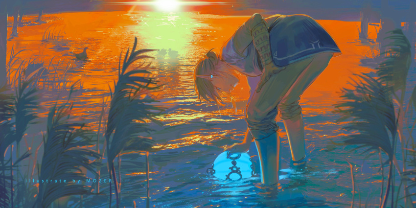 1boy absurdres bird blue_tunic bomb commentary duck explosive highres light_brown_hair link mozer_(zerlinda) ocean plant pointy_ears reflection reflective_water short_ponytail sunset the_legend_of_zelda the_legend_of_zelda:_breath_of_the_wild wading