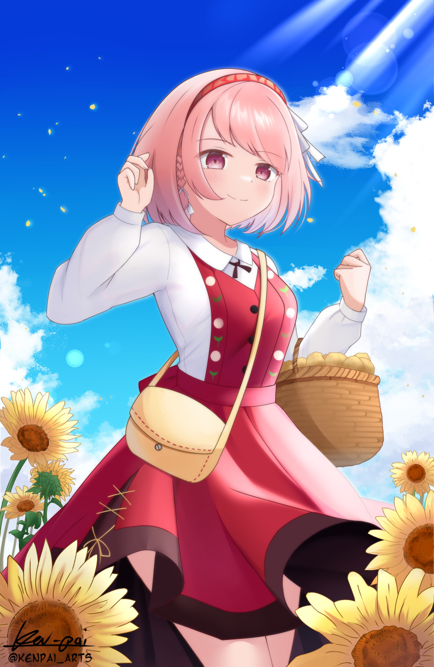 1girl absurdres artist_name bag basket blue_sky braid dress fire_emblem fire_emblem_engage flower hair_ribbon hairband hand_up highres holding holding_basket ken-pai_(kenpai_arts) lapis_(fire_emblem) long_sleeves looking_at_viewer pink_eyes pink_hair red_dress red_hairband ribbon shirt short_hair shoulder_bag side_braid signature sky smile solo sunflower sunlight twitter_username two-tone_hairband white_ribbon white_shirt