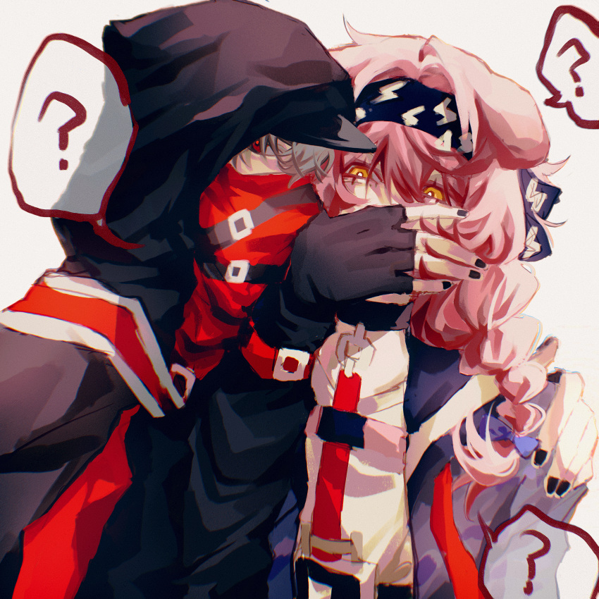? absurdres arknights black_hairband black_jacket black_nails blue_bow bow braid commentary_request covering_another's_mouth goldenglow_(arknights) grey_background grey_hair hair_between_eyes hair_bow hairband hateful_avenger_(arknights) highres hood hood_up jacket lightning_bolt_print long_hair nail_polish open_clothes open_jacket orange_eyes pink_hair print_hairband red_(npc)_(arknights) red_eyes shirt simple_background single_braid spoken_question_mark upper_body white_shirt zuiyexiaotongxue