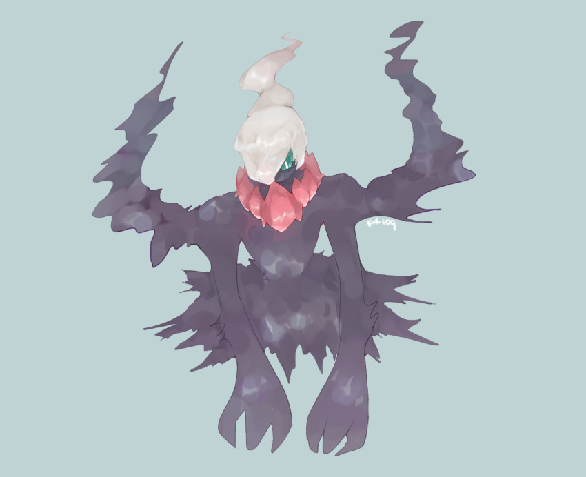 aqua_eyes artist_name blue_background bright_pupils commentary_request darkrai full_body hair_over_one_eye highres long_hair no_humans ntmkn one_eye_covered partial_commentary pokemon pokemon_(creature) signature simple_background solo straight-on white_hair white_pupils