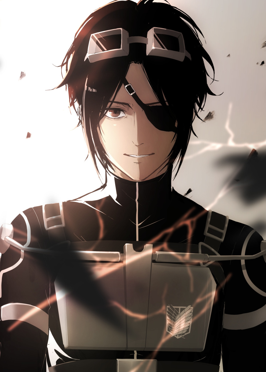 1other absurdres androgynous brown_eyes brown_hair commentary_request eyepatch goggles goggles_on_head hange_zoe highres motion_lines shingeki_no_kyojin short_ponytail sirius_0905hz smile solo survey_corps_(emblem) turtleneck upper_body