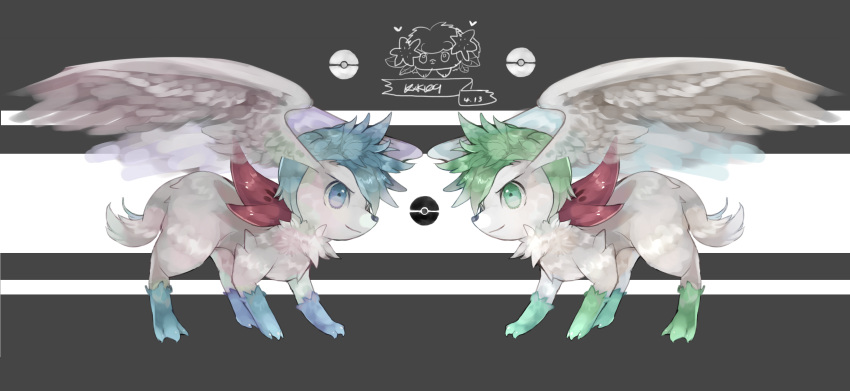 absurdres alternate_color animal_focus artist_name blue_eyes blue_hair closed_mouth commentary_request dated feathered_wings from_side full_body green_eyes green_hair happy head_wings heart highres no_humans ntmkn partial_commentary poke_ball_symbol pokemon pokemon_(creature) shaymin shaymin_(land) shaymin_(sky) shiny_and_normal shiny_pokemon short_hair signature smile standing striped striped_background symmetry two-tone_background white_wings wings