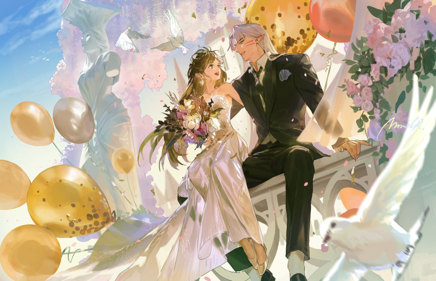 1boy 1girl balloon bird black_footwear black_jacket black_pants bouquet brown_hair claws collared_shirt couple demon_boy dove dress earrings facial_mark feet_out_of_frame fingernails full_body grey_hair hetero highres holding holding_bouquet husband_and_wife inuyasha jacket jewelry long_dress long_hair looking_at_another mmmilk open_mouth outdoors pants parted_bangs parted_lips pointy_ears rin_(inuyasha) sesshoumaru sharp_fingernails shirt sitting smile strapless strapless_dress wedding wedding_dress white_dress white_shirt