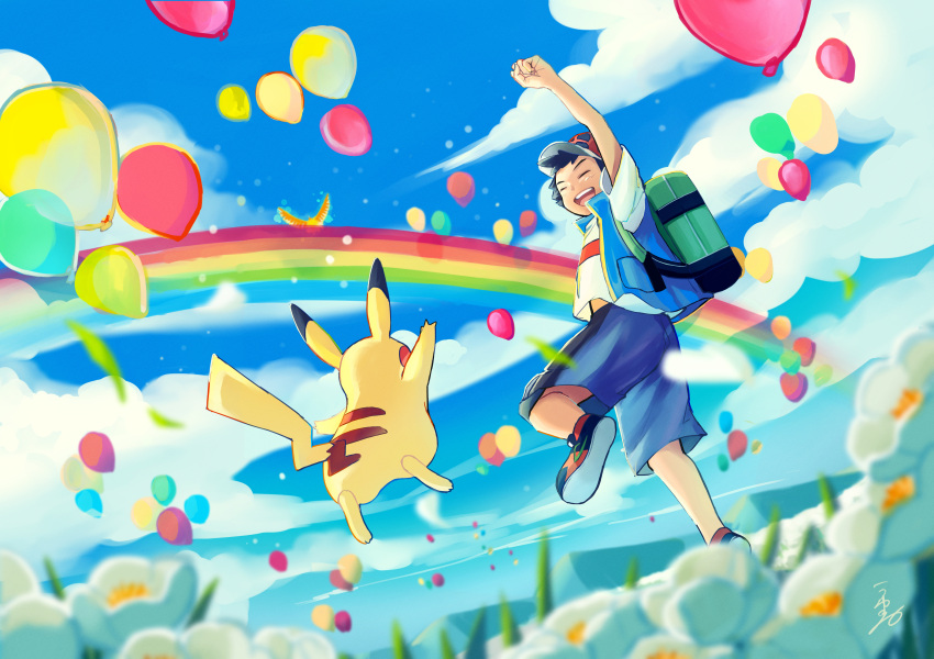 1boy :d absurdres arm_up ash_ketchum backpack bag balloon black_hair blurry clenched_hand closed_eyes clouds commentary_request day flower from_below green_bag hat highres ho-oh leg_up male_focus open_mouth outdoors pikachu pokemon pokemon_(anime) pokemon_(creature) pokemon_journeys rainbow red_headwear shirt shoes short_hair short_sleeves shorts signature sky sleeveless sleeveless_jacket smile t-shirt tongue uyumaru_art white_shirt