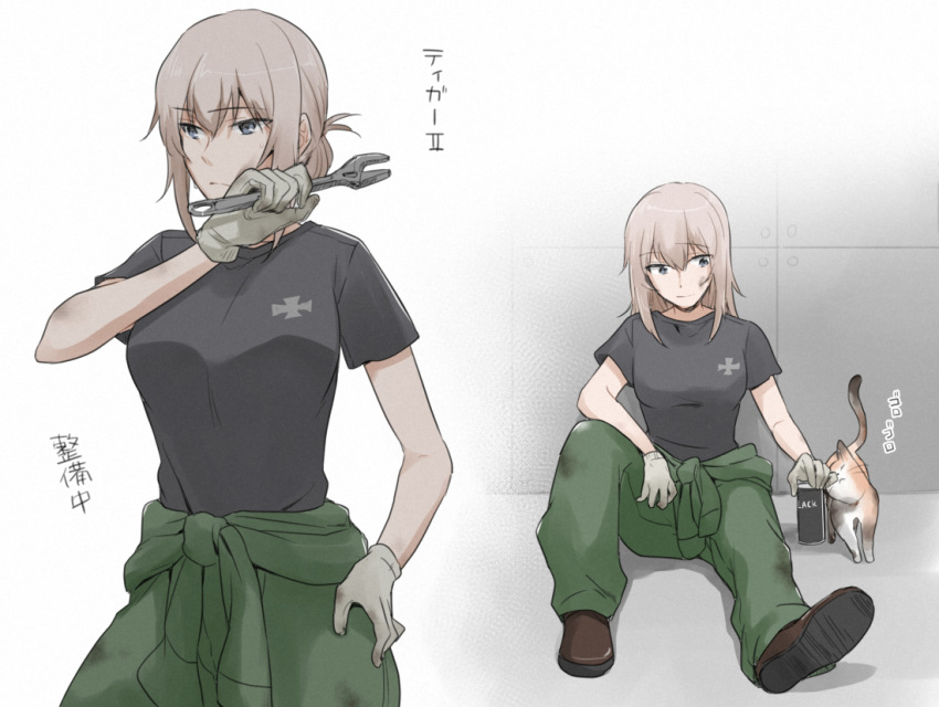 1girl alternate_hairstyle black_shirt blue_eyes brown_footwear closed_mouth clothes_around_waist commentary dirty dirty_face frown girls_und_panzer gloves green_jumpsuit grey_gloves grey_hair hair_up hand_on_own_hip insignia itsumi_erika jumpsuit looking_to_the_side medium_hair multiple_views shirt shoes short_ponytail short_sleeves sitting smile standing t-shirt tomboy translated yuuhi_(arcadia)