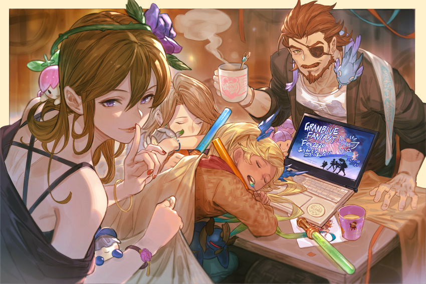 1boy 3girls bare_shoulders beard black_jacket blonde_hair bracelet brown_hair brown_jacket celeste_(granblue_fantasy) character_doll child closed_eyes colossus_(granblue_fantasy) computer cup dark-skinned_female dark_skin eugen_(granblue_fantasy) eyepatch facial_hair female_child finger_to_mouth flower granblue_fantasy hair_flower hair_ornament highres holding holding_cup io_(granblue_fantasy) jacket jewelry katalina_(granblue_fantasy) laptop long_hair looking_at_viewer luminiera_(granblue_fantasy) minaba_hideo multiple_girls mustache official_art one_eye_covered open_clothes open_jacket purple_flower purple_rose red_nails red_scarf ring rose rosetta_(granblue_fantasy) scarf shirt short_hair shushing sleeping smile stuffed_toy tiamat_(granblue_fantasy) twintails violet_eyes white_shirt yggdrasil_(granblue_fantasy)