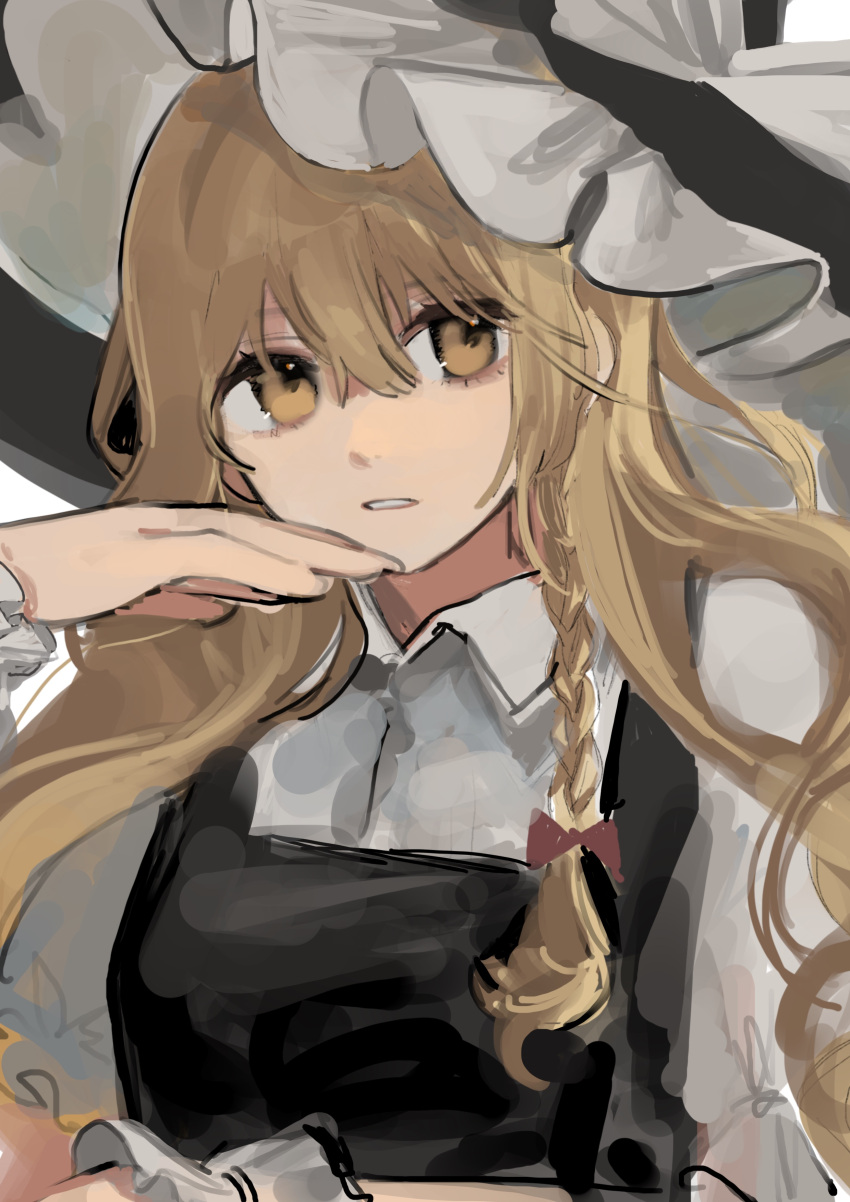 1girl absurdres black_headwear blonde_hair bow braid gotagotay hair_between_eyes hair_ribbon hand_on_own_face hand_up hat hat_bow highres kirisame_marisa long_hair looking_at_viewer parted_lips ribbon simple_background single_braid teeth touhou tress_ribbon upper_body very_long_hair wavy_hair white_background witch_hat