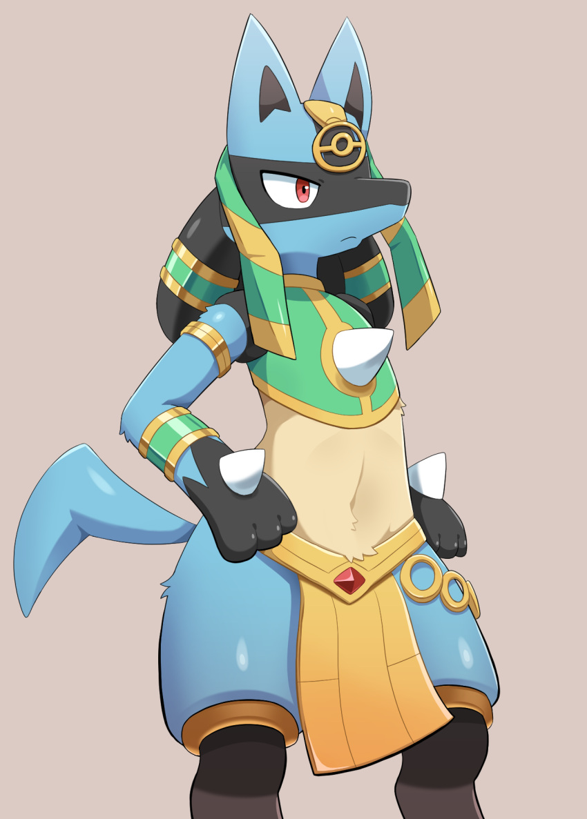 armlet bracelet clothed_pokemon egyptian_clothes hands_on_own_hips highres jewelry light_brown_background lucario lucario_(ruins) no_humans pokemon pokemon_(creature) solo sum_(ganach24)