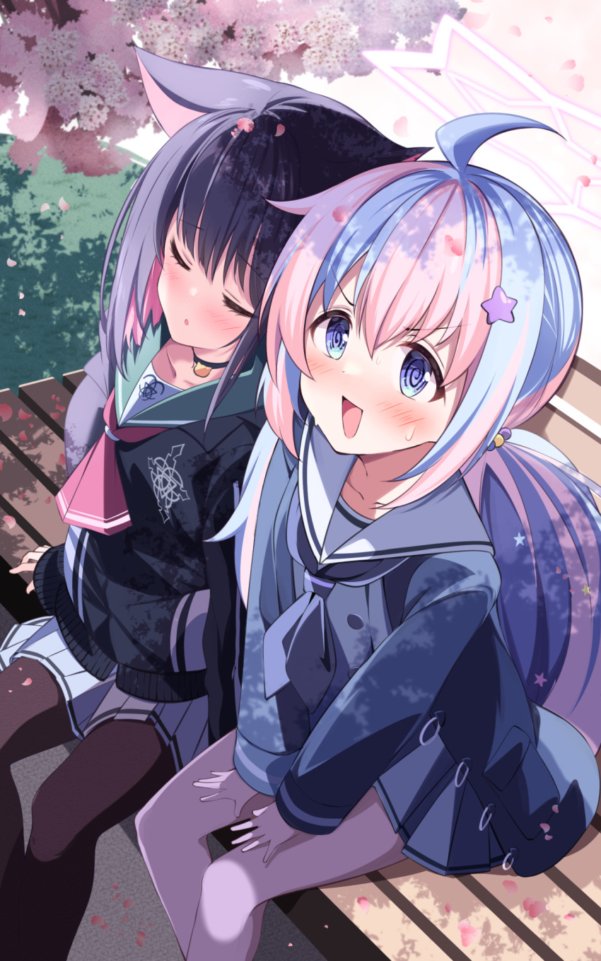 2girls :d :o @_@ acchii_(akina) ahoge animal_ears beads black_choker black_hair black_jacket black_pantyhose blue_archive blue_eyes blue_hair blue_jacket blush cat_ears cat_girl choker closed_eyes collarbone colored_inner_hair commentary_request green_sailor_collar hair_beads hair_ornament halo highres jacket kazusa_(blue_archive) light_blue_hair long_sleeves multicolored_hair multiple_girls neckerchief open_mouth outdoors pantyhose parted_lips pendant_choker pink_hair pink_neckerchief pleated_skirt purple_neckerchief purple_skirt reisa_(blue_archive) sailor_collar school_uniform serafuku sitting_on_bench skirt smile star_(symbol) star_hair_ornament sweat twintails two-tone_hair white_sailor_collar white_skirt