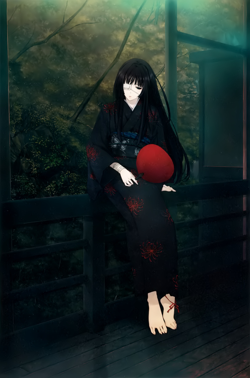 1girl absurdres animal_print bandages barefoot black_eyes black_hair blunt_bangs butterfly_print cartagra eyepatch feet floral_print flower full_body hand_fan hand_on_railing highres holding holding_fan japanese_clothes kimono long_hair looking_down medical_eyepatch obi official_art sash scan sitting sitting_on_railing solo spider_lily string string_of_fate sugina_miki tree wooden_railing yomiko_(innocent_grey)