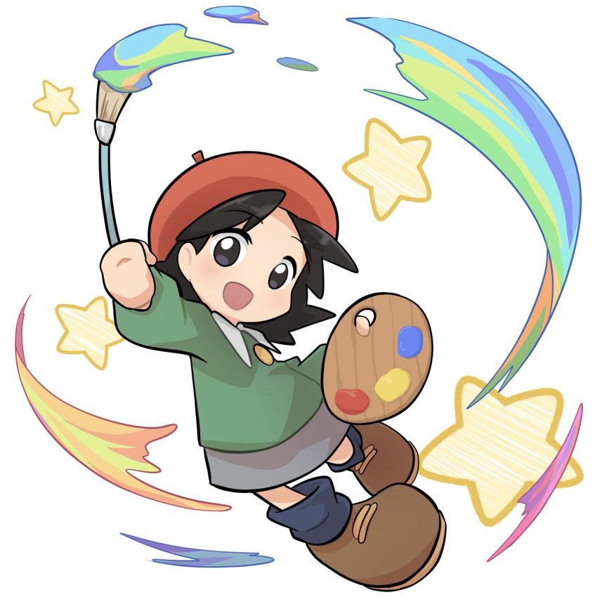 1girl adeleine black_eyes black_hair child female_child green_shirt hat highres holding holding_paintbrush holding_palette kirby's_dream_land kirby_(series) kirby_64 looking_at_viewer open_mouth paint paintbrush palette_(object) poyo_party shirt shoes skirt smile solo star_(symbol)