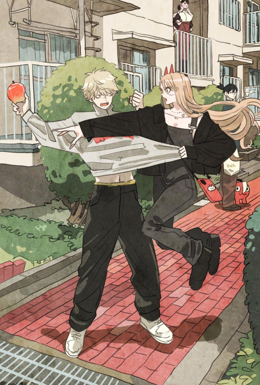 2boys 2girls apple black_hair blonde_hair chainsaw_man collarbone denji_(chainsaw_man) falling_devil_(chainsaw_man) fangs food fruit hair_between_eyes hayakawa_aki highres holding holding_food holding_fruit horns long_bangs multiple_boys multiple_girls oni_horns open_mouth outdoors pochita_(chainsaw_man) power_(chainsaw_man) red_horns smoking takeuchi_ryousuke teeth topknot upper_teeth_only