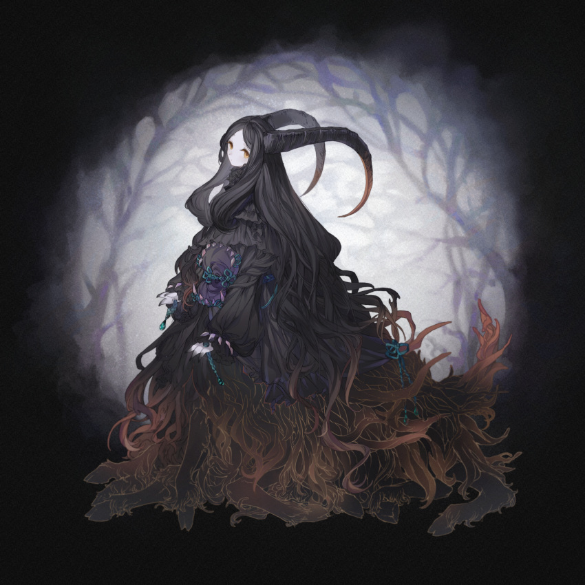 1girl absurdres black_background black_dress black_hair black_horns brown_eyes brown_fur brown_hair centauroid claws closed_mouth dress extra_legs fewer_digits full_body goat_girl goat_horns goat_tail gradient_hair highres hooves horns hoshi_rousoku long_hair long_sleeves looking_at_viewer monster_girl multicolored_background multicolored_hair original pale_skin sitting solo taur very_long_hair white_background
