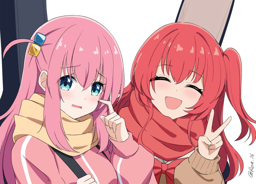 2girls blue_eyes bocchi_the_rock! breasts brown_sweater closed_eyes cube_hair_ornament gotou_hitori guitar_case hair_ornament highres instrument_case jacket kita_ikuyo large_breasts long_hair looking_at_viewer multiple_girls one_side_up pink_hair pink_jacket pink_track_suit red_scarf redhead reia_76 scarf school_uniform straight_hair sweater track_suit twitter_username v white_background yellow_scarf