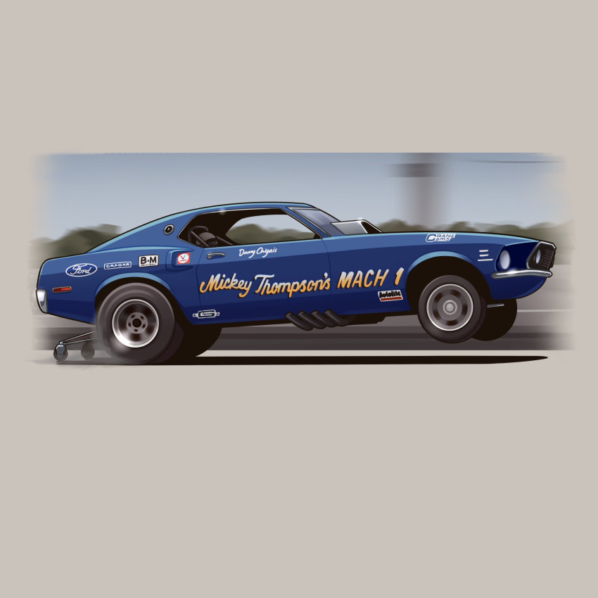 1boy arhentol car company_name danny_ongais driving ford ford_mustang from_side helmet highres motion_blur motor_vehicle muscle_car race_vehicle racecar real_life shadow sky tree vehicle_focus